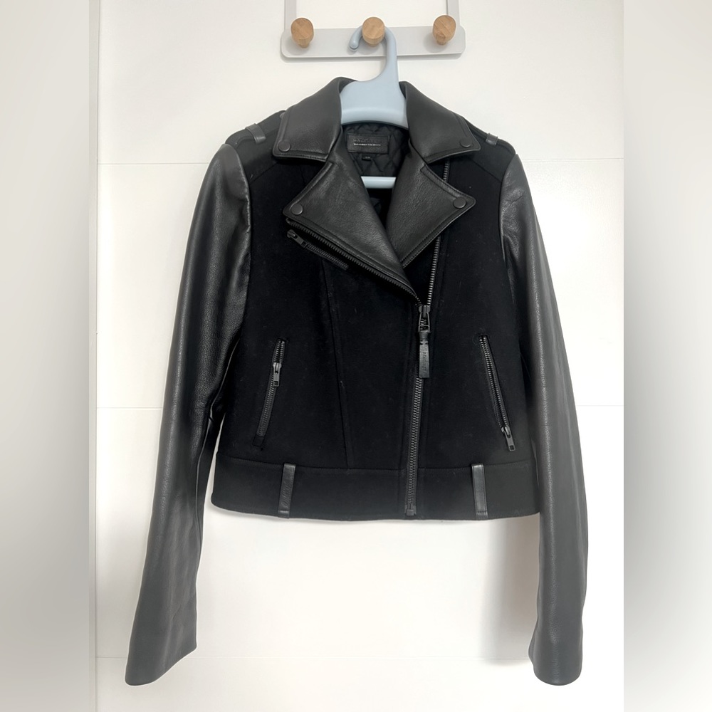 Mackage wool biker jacket with leather sleeves and trims